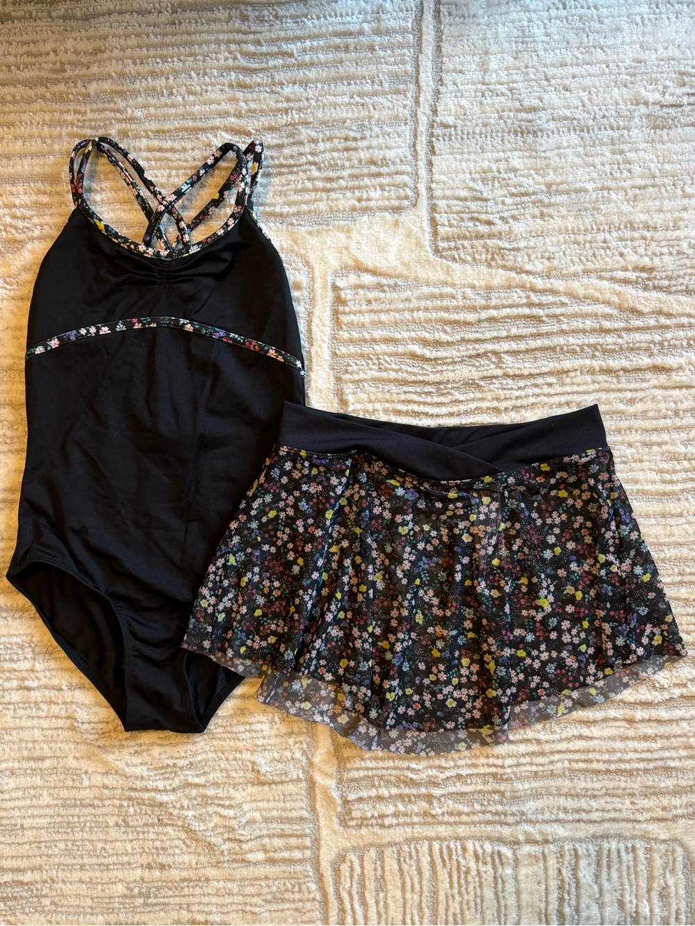 Mirella Black One-Piece Leotard with Crossover Waistband Matching Floral Skirt